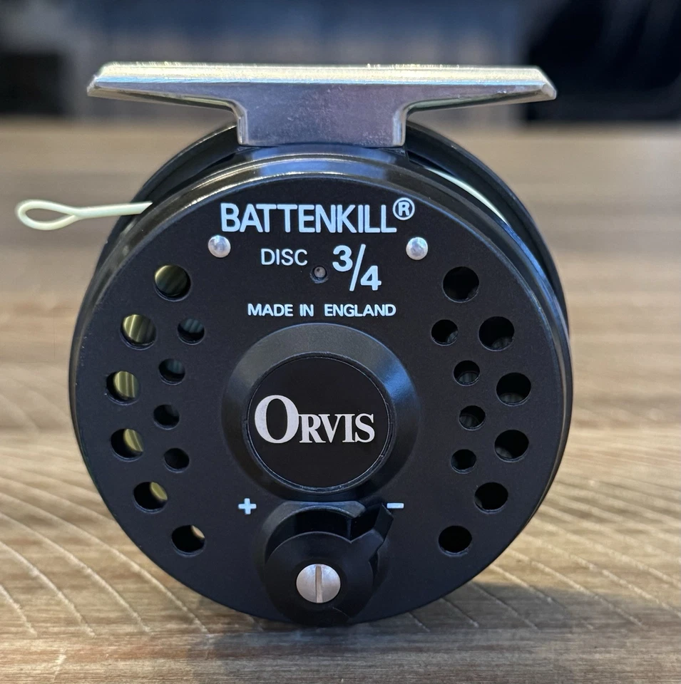 Saubere Orvis Battenkill Disc 3/4 WT Fliegenrolle mit neuer Rio Fliegenschnur