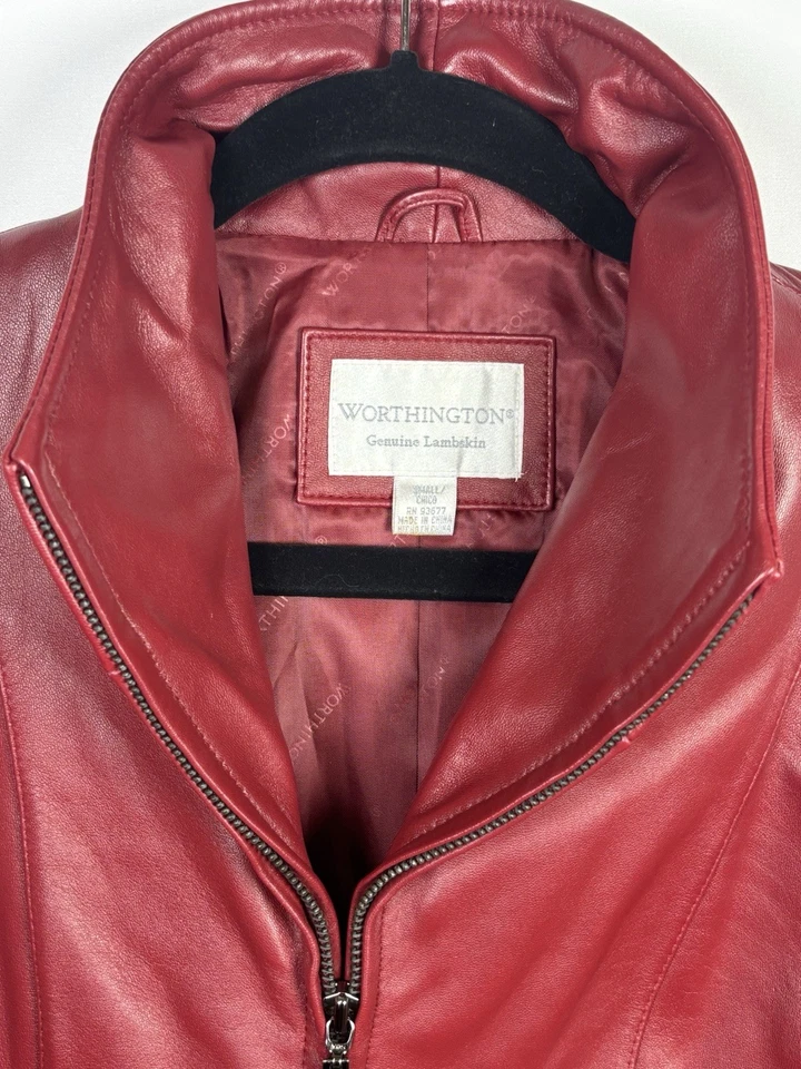 Vintage Worthington Genuine Lambskin Leather Jacket Red Blazer Coat Size S - Image 4 of 4