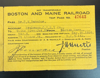 Boston and Maine Railroad 1916 Trip Pass White River Junction Vermont to Boston