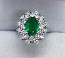 3.20 Ct Oval Natural Emerald  Diamond Wedding Ring 925 Sterling Silver Sz 7