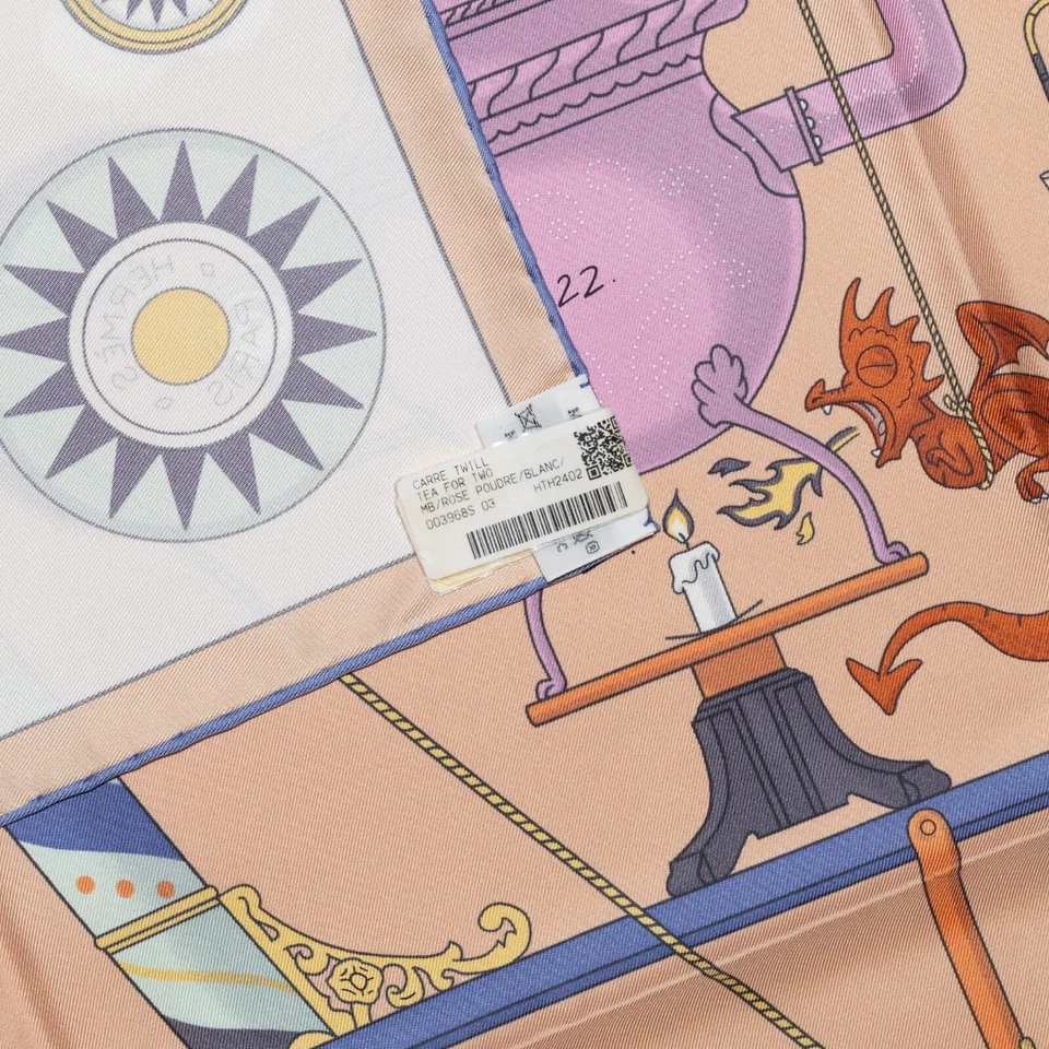 Auth. Hermes Silk Scarf Tea for Two - Rose Poudré Blanc - New Store Tag - Image 2 of 4