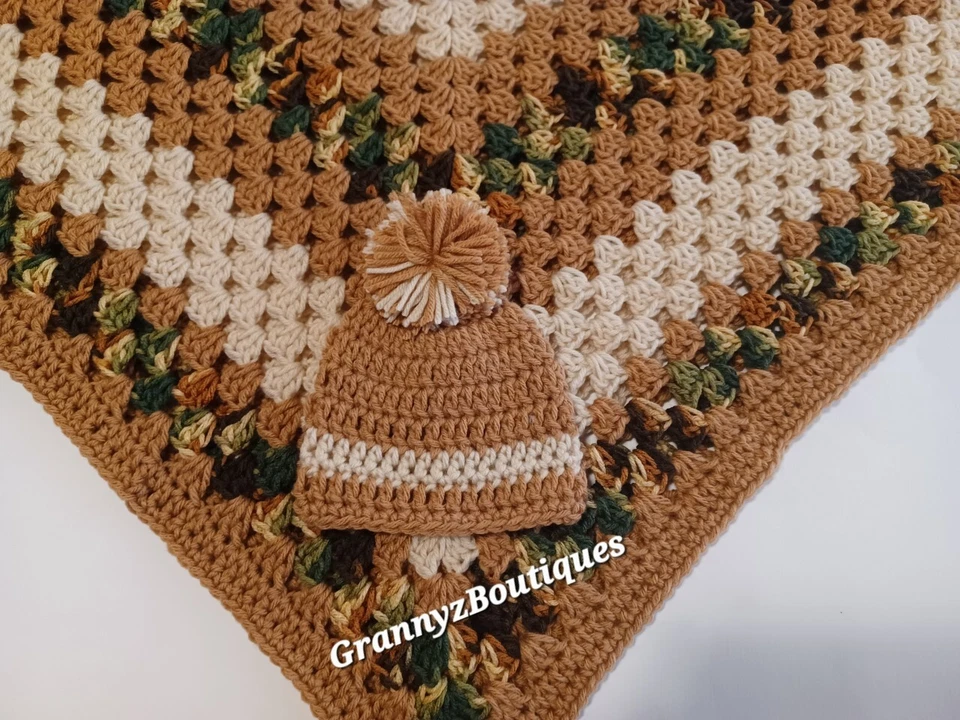 Conjunto de manta de ganchillo para bebé gorro a juego, bebé tostado, beige y verde niños Foto 2 de 3