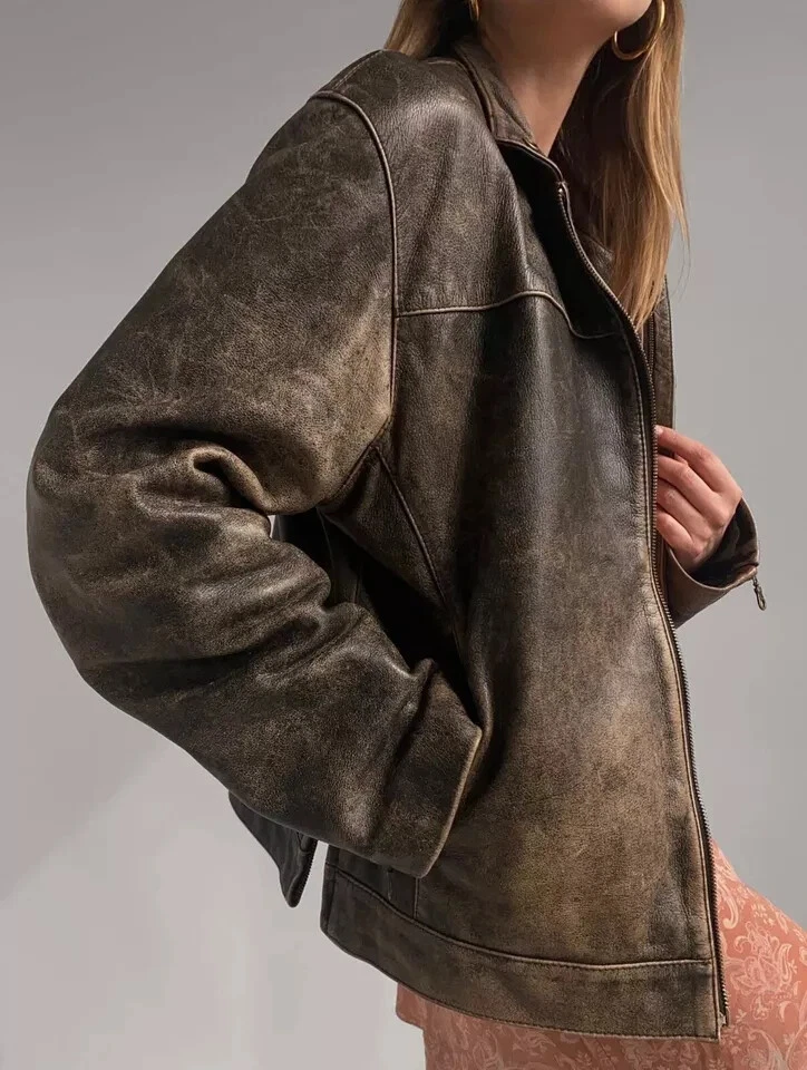 60s Oversized Leather Jacket Womens Handmade Distressed Brown Genuine Leather