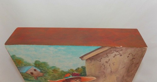 Amateur Malerei Frau füttert Hühner Land Bauernhof Volkskunst auf Holz 8" x 16" - Bild 9 von 12