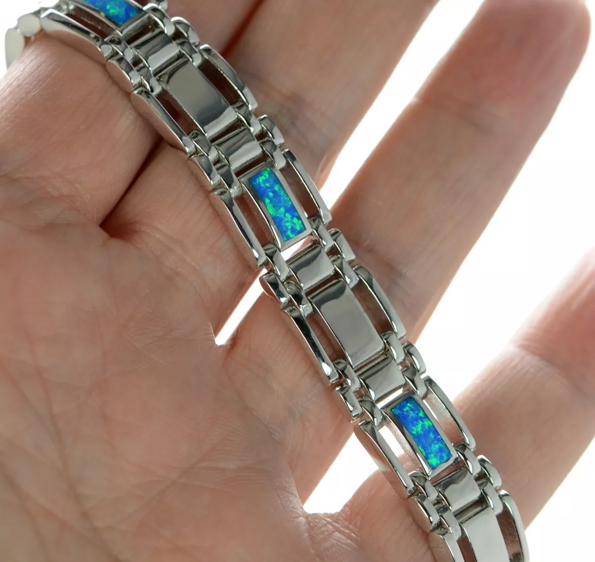 Men s Sterling Silver Blue Inlay Opal Link Bracelet