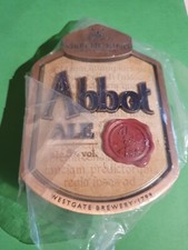 GREENE KING brewery ABBOT ALE pump clip real ale beer badge NEW w/ back METAL