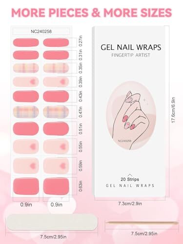 20PCS Valentine's Day Nail Wraps Pink Heart Nail Strips Valentine Semi-Cured - Picture 7 of 7