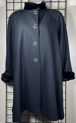 Staphanie Matthews Swing Coat Faux Fur Trim Black Size 12