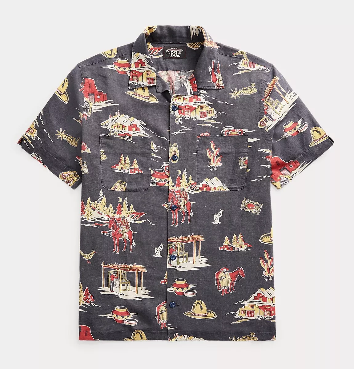 RRL Ralph Lauren 1940s Inspired Western Print Linen Camp Shirt-MEN- L
