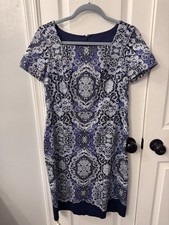 Talbots Navy Short Sleeve Paisley Design Zipper Back Dress Square Neck Size 6