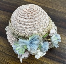 Straw Doll Bonnet Hat w/ Lace  Floral Trim 2.5 IN Across