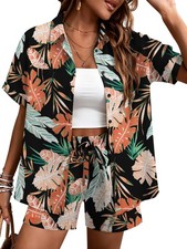 's 2 Piece Hawaiian Vacation Outfits Tropical Print Short Sleeve Shirts and S...