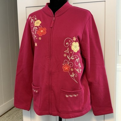 Breckenridge Full Zip Sweatshirt Petite Large Maroon Embroidered Flowers Pockets