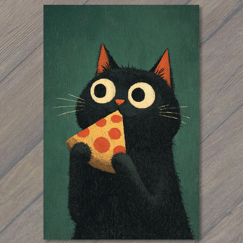 Art Print Black Cat Eating Pizza Funny Whimsical Food Lovers Humor