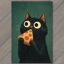 POSTCARD Black Cat Eating Pizza Funny Whimsical Food Lovers Humor Quirky Art