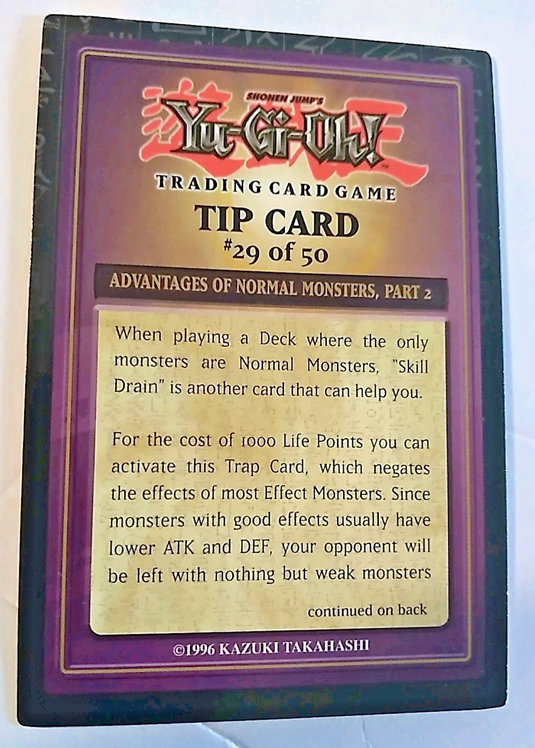 YUGIOH Tip Card #29 OF 50 "ADVANTAGES OF NORMAL MONSTERS, PART 2" 1996 