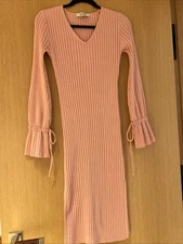 VALENTINO Pink Ribbed Knit  Midi Dress Size S Quiet Luxury Feminine Soft Stretch