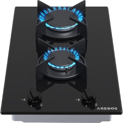 Arebos Gaskochfeld 30cm 2 Brenner | Gasherd aus gehärtetem Glas | Einbaukochfeld