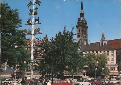 Munich, Germany Viktualienmarkt with Maypole & Alter Peter Clock Tower Postcard