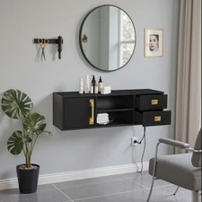 Wall-Mounted Barber Station with Golden Handles, Salon Hanging Storage Organizer