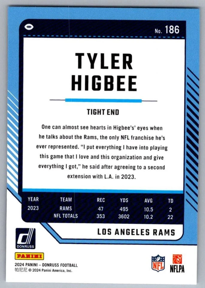2024 Donruss Tyler Higbee Los Angeles Rams #186 - Image 2 of 2