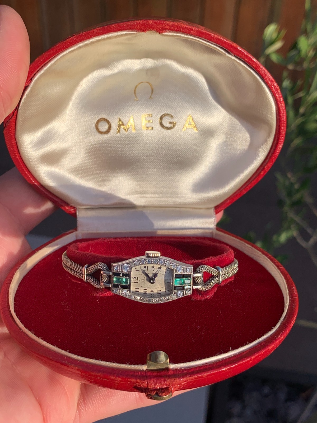 Platinum 1920s watch OMEGA boxed wrist deco emerald onyx art diamond - vintagewatches.pk