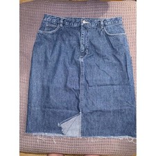 St. John's Bay Vintage Blue Denim Midi Skirt Size 14M Raw Hem Split Front