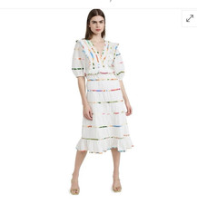 Farm Rio Mixed Print White Striped Midi Dress V-Neck Ruffle Puff Sleeves L