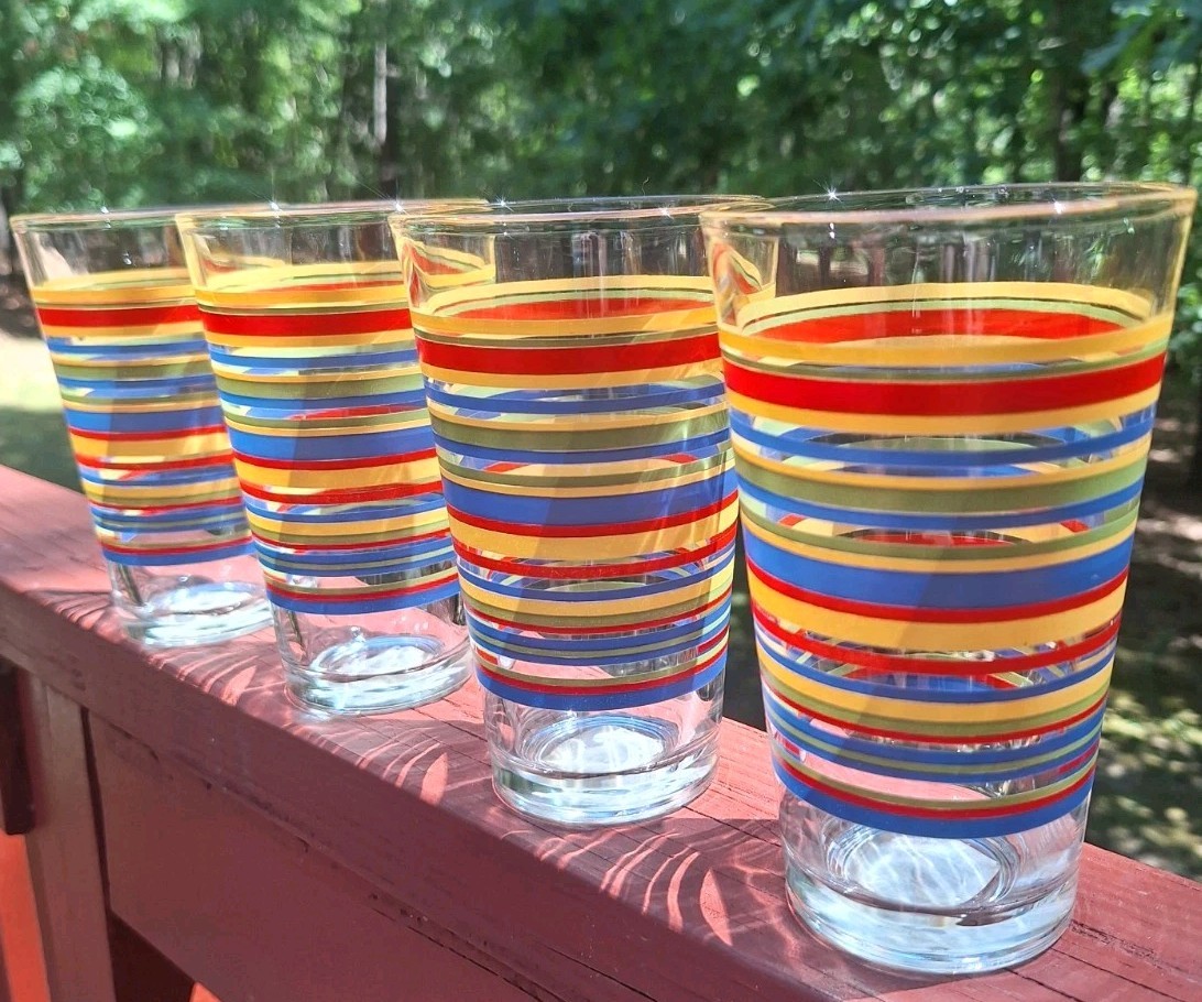 Vtg Libbey Fiesta Mambo Red, Yellow, Blue, Green Stripes 12 Oz Tumblers Set of 4