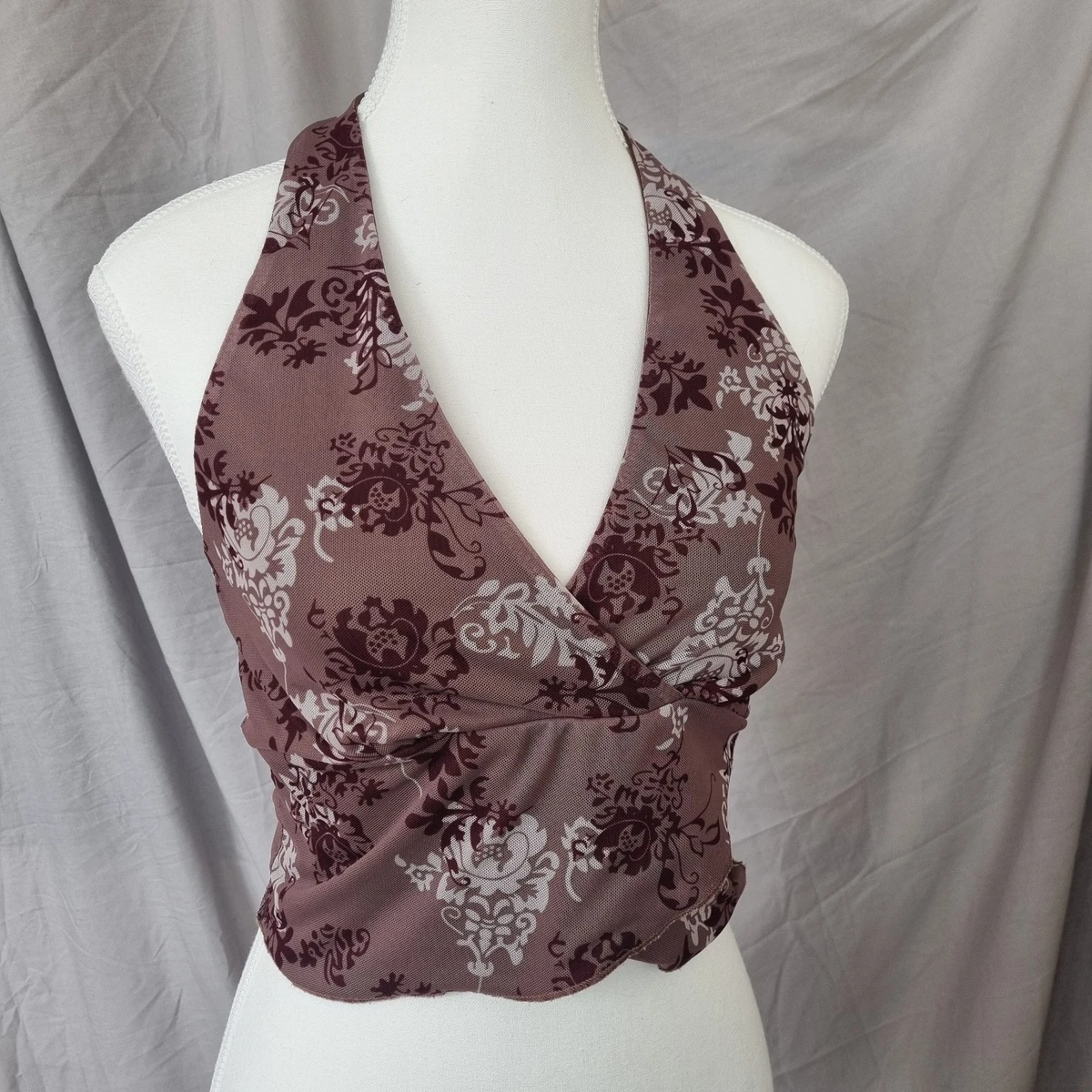 Womens Floral Halter V-Neck XS Sleeveless Tie Boho Festival 90s Y2K Hippie Fairy