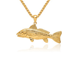 14K Solid Yellow Gold Red Fish Necklace