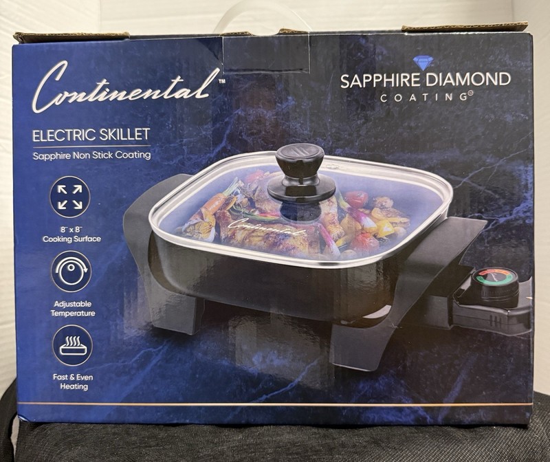 Continental Electric Skillet Nonstick Adj Temp Tempered Glass Lid 8x8 CESK100-SD
