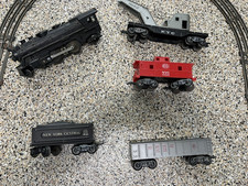 Vtg MARX Steam Work Train Set, Locomotive 666, cars, track Smokes, transformer