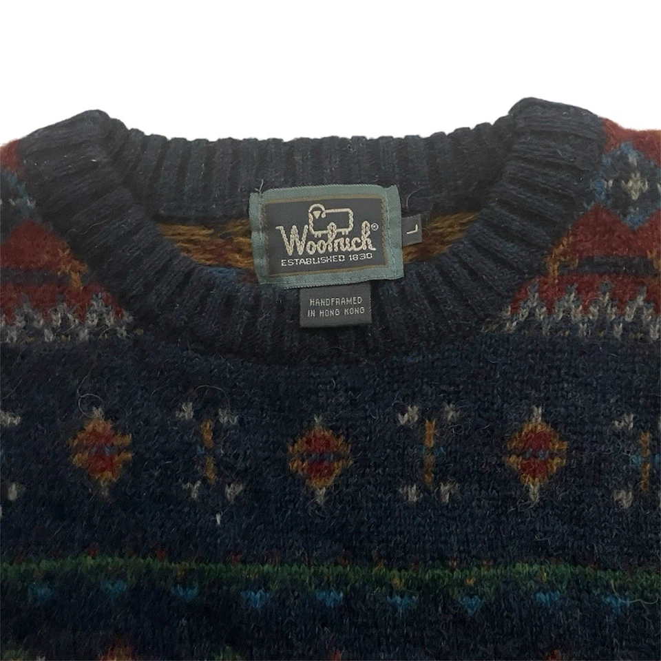 VTG 90s Handframed Woolrich 100% Wool Navy Multicolor Fair Isle Sweater Large - Image 3 of 4