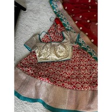 JadebyMK designer Indian bridal lengha chaniya choli red green gold embroidery