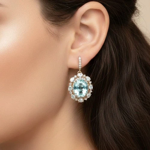 Shimmering Sea Blue Aquamarine 10.95Ct 925 Sterling Silver Rose Gold Earrings