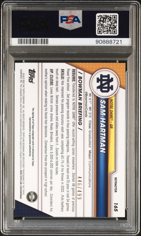2023 BOWMAN UNIVERSITY CHROME #165 SAM HARTMAN AUTOGRAPH-REFRACTOR /499 PSA 10 - Image 2 of 2