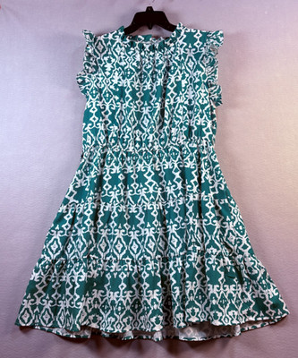 Nursing Queen Green Ikat Print Tiered Dress Hidden Nursing Zippers Size Large