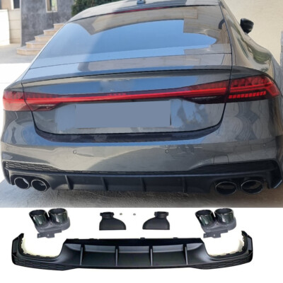 For Audi A7 C8 Sportback 2019-23 Rear Bumper Diffuser Lip W/ Black Exhaust Tips
