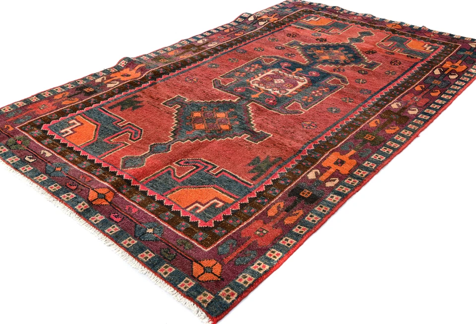 Alfombra oriental tribal roja rosa apagada alfombra de diseño boho de granja 4x7 pies Foto 3 de 4