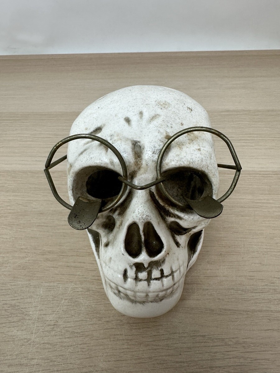 Vintage Ceramic Human Skull Ashtray w/ Eye Glasses Cigarette