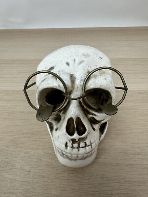Vintage Ceramic Human Skull Ashtray w/ Eye Glasses Cigarette