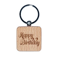 Happy Birthday Elegant Text Engraved Wood Square Keychain Tag Charm