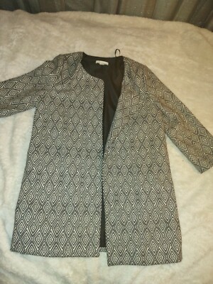 H&M Women Geometric print Open Coat Size 8 Sleeves & pockets Formal Soft Fall 