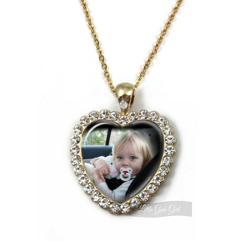 Personalized Custom Photo Rhinestone Heart Pendant Necklace in Silver or Gold - Picture 12 of 14