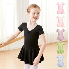 Girls Ballet Leotard Dress Pink Dance Leotard with Short Sleeve Ballerina Dress
