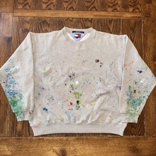 VTG Y2K Tommy Hilfiger Grey Crewneck Pullover Sweatshirt XL Men  s Paint All Over
