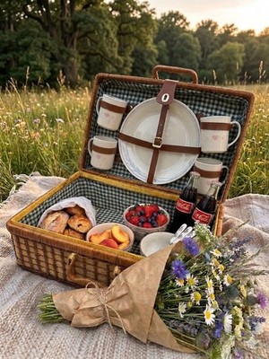 Vintage Green Gingham Wicker Picnic Basket  
