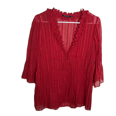 Notations Blouse Women's Small V-Neck Ruffle Sheer Pleated 3/4 Sleeve Top