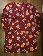 Loft Fall  Shift Dress Maroon Xs  Floral Button Neck Popover Casual Polished 013